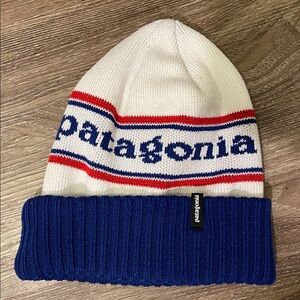 Patagonia White and Blue Striped Beanie
